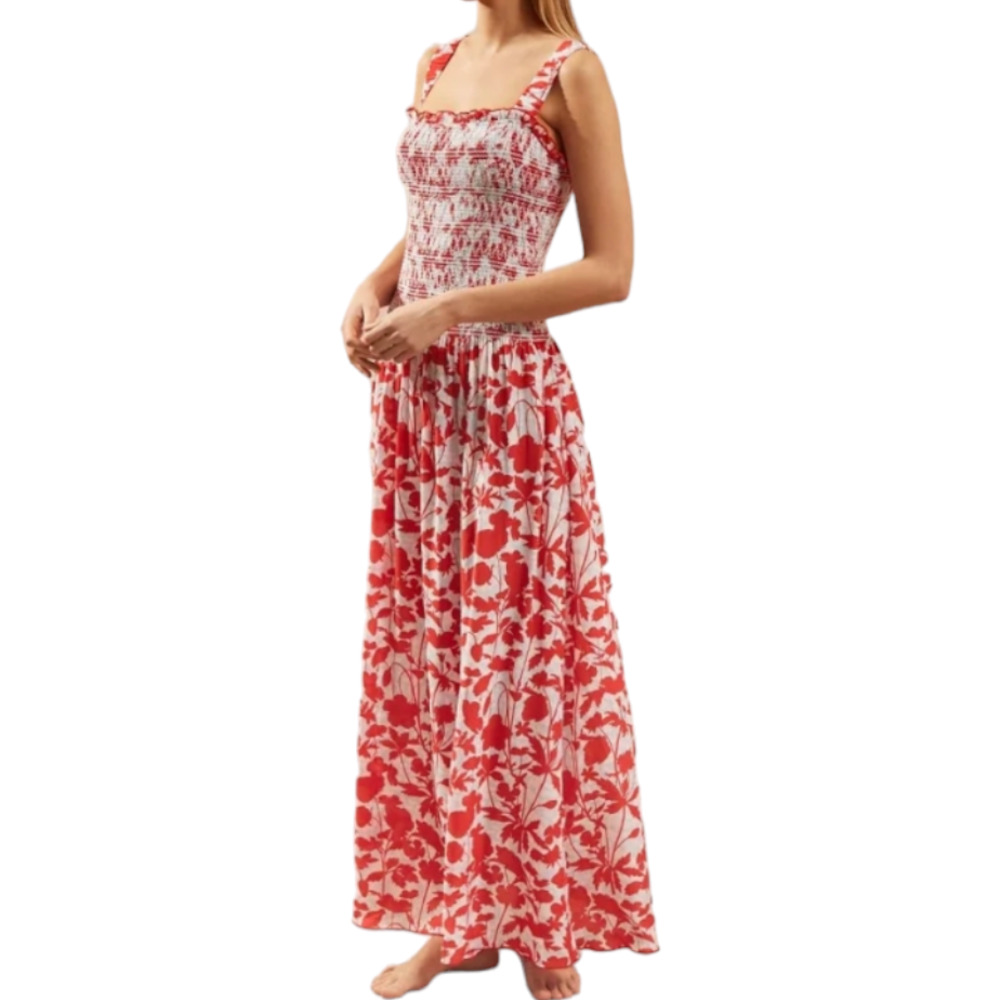 Heidi Klein Quincy Bay Silk Maxi Dress Smocked Bodice Floral Resort Wear L